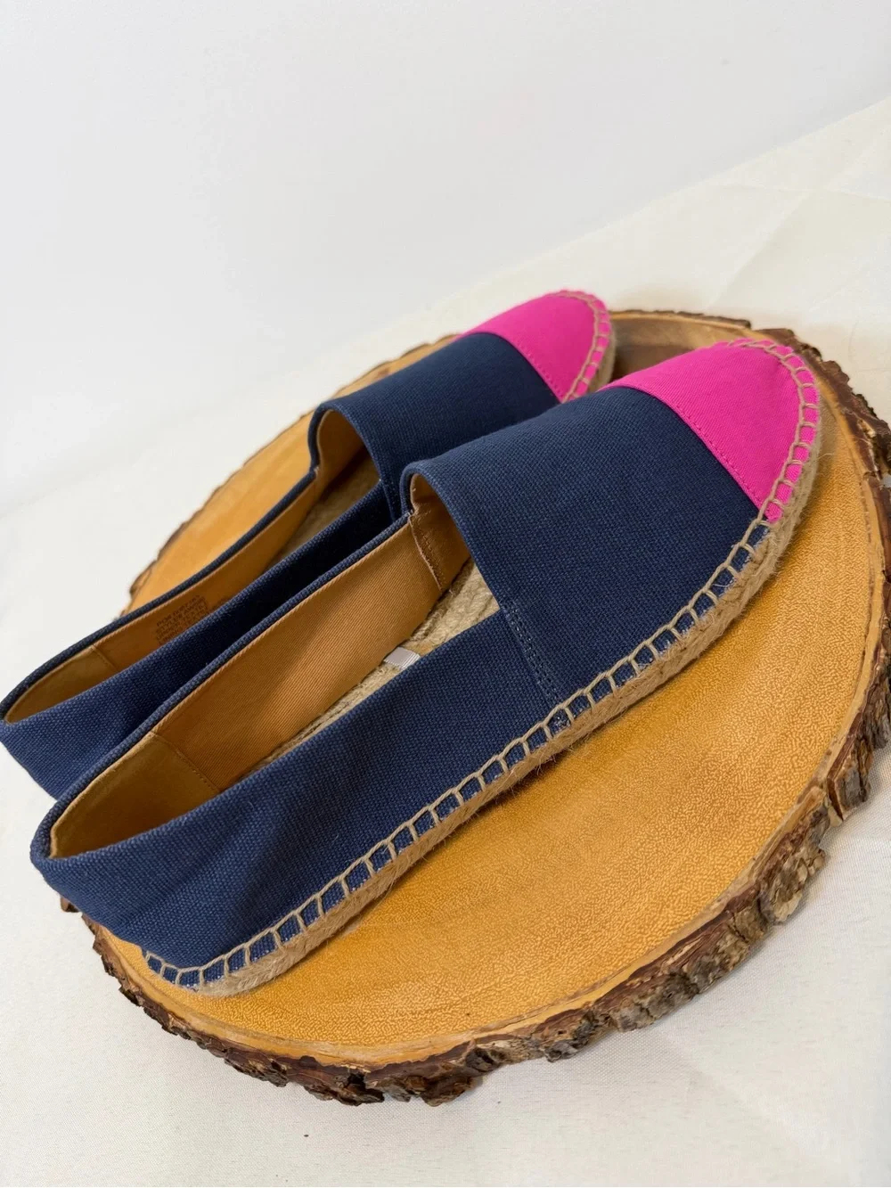 J. Crew Navy Canvas Espadrilles Pink Toe Cap Slip On Braided Jute Women’s 7.5‎